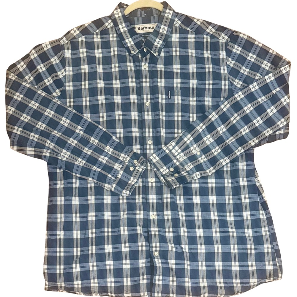Barbour Tailored Fit Plaid Blue White Button Down Shirt Men's XL